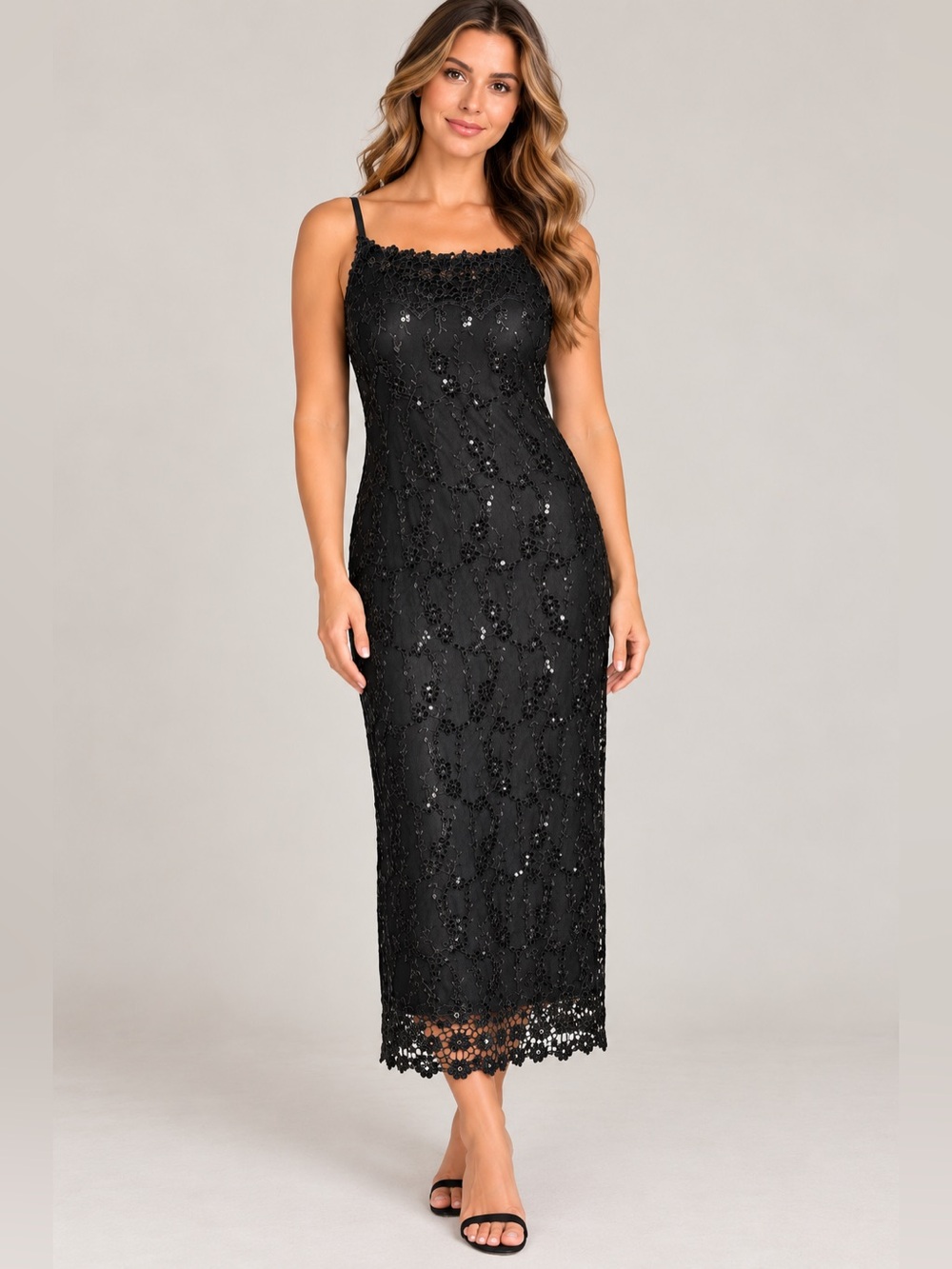 Vintage Carole Little Black Sequin Mesh Lace Midi Dress Goth Y2K Small (4-6)